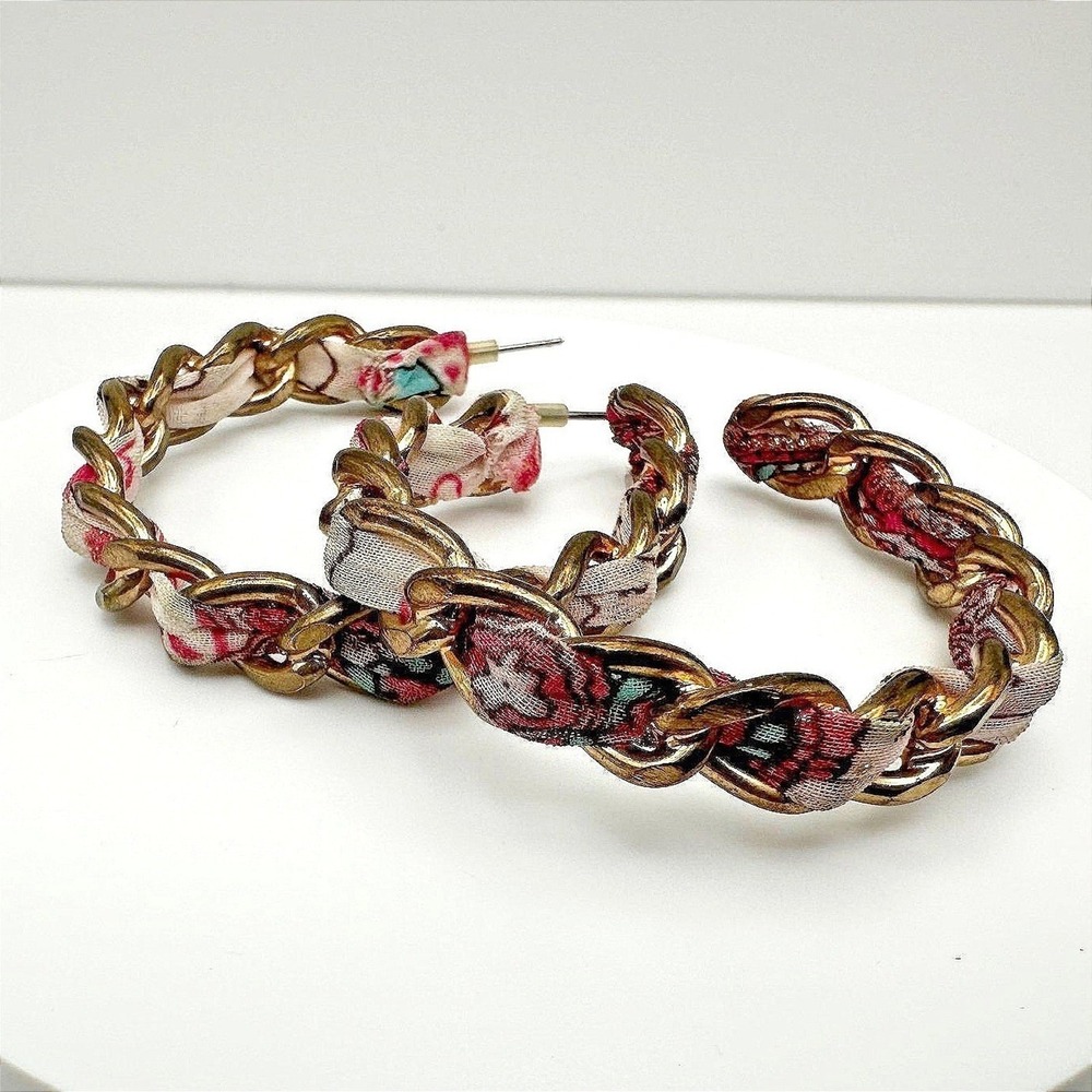 Vintage 90s Gold Tone Chain Floral Pink Fabric Wrapped Hoop Earrings Women's Y2K
